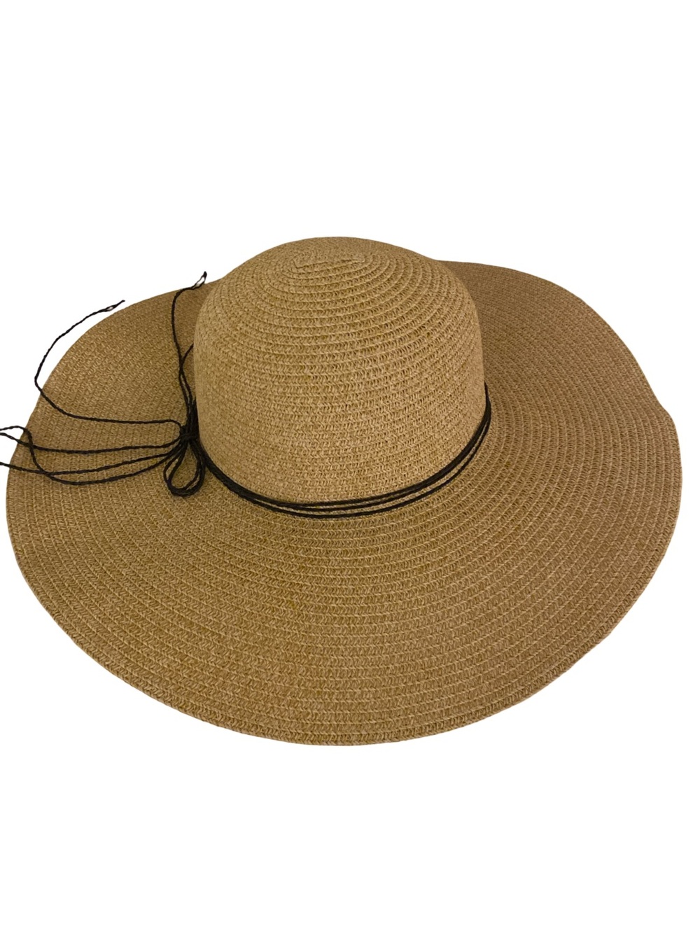 Wide Brim Straw Sun Hat with Black Cord - Brown